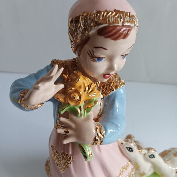 Vintage Ceramic Holland Mold Dutch Girl Geese Bouquet Glazed Gold Gilt - Picture 6 of 16